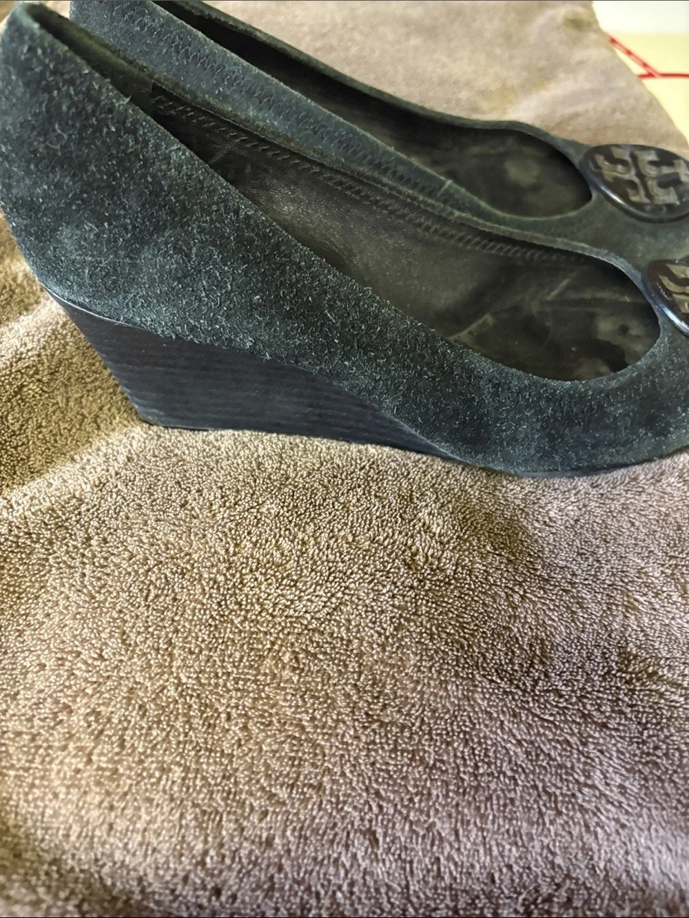 Tory Burch Black Suede Logo Round-Toe Flats